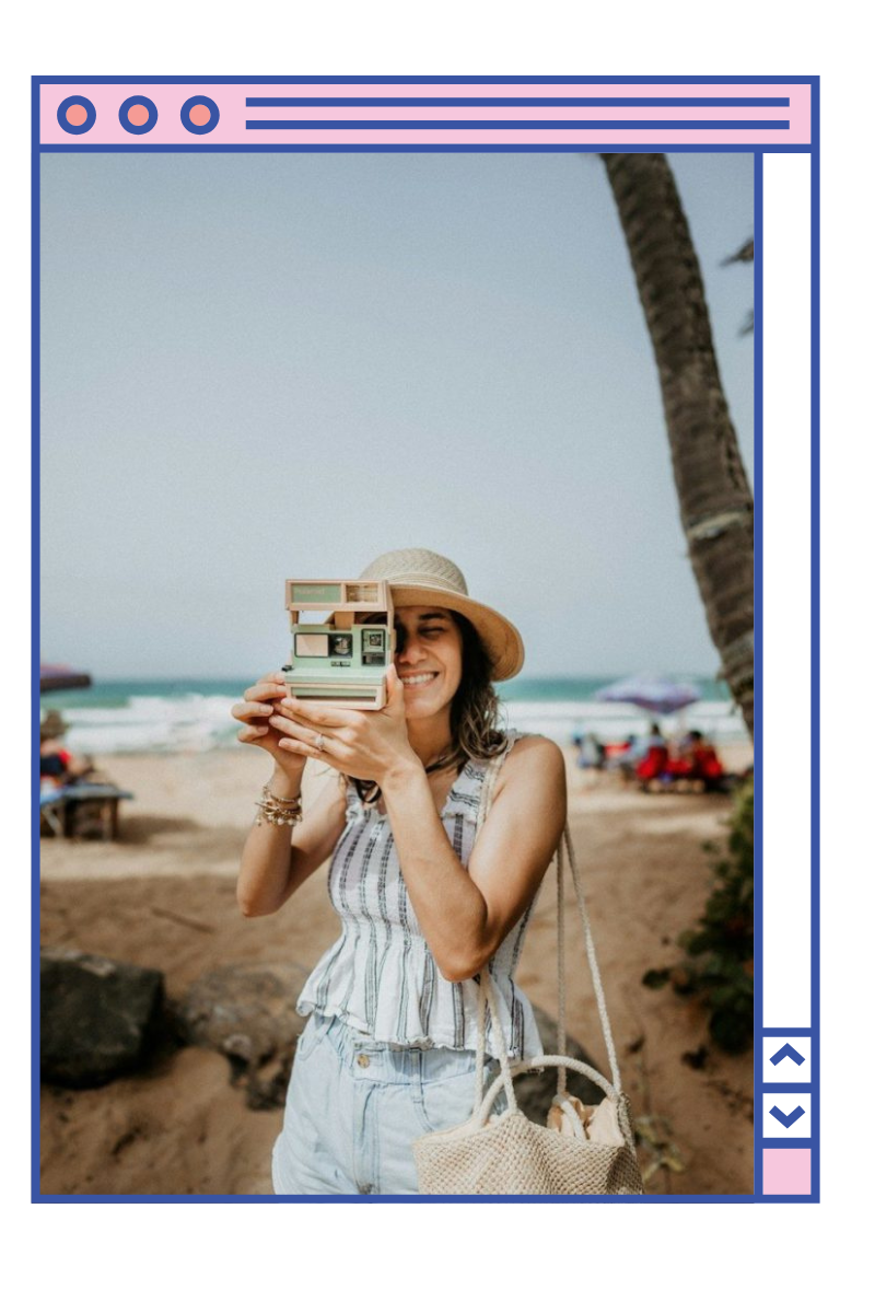 woman in white and blue stripe dress holding white and black camera